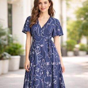 Hutch Rosa Navy Blue Face Print Wrap Midi Dress XXL Plus Belted Flutter Sleeve